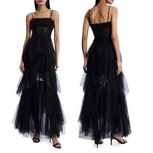 BCBGMAXazria Oly Tiered Ruffle Tulle Corset Maxi Gown Black Women's Size US 4